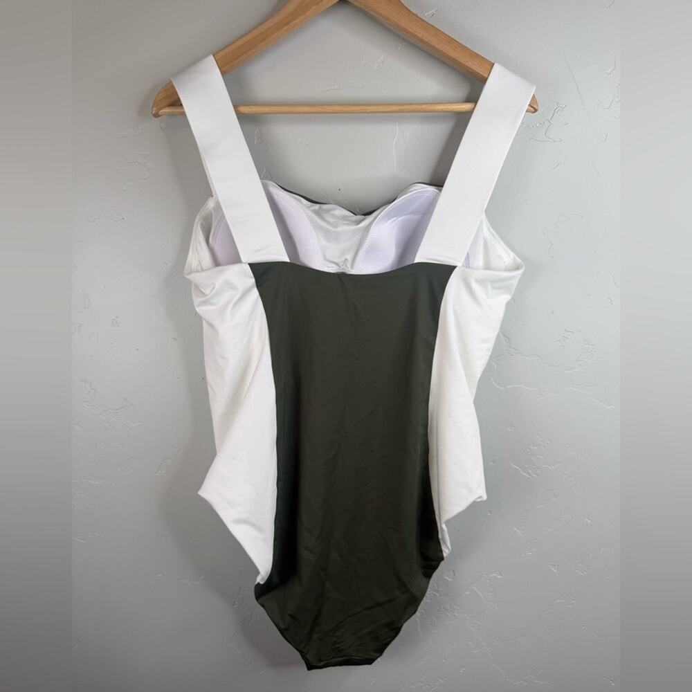 NEW Lands' End Square Neck High Leg Olive Green and White One Piece Swimsuit 16 - Picture 5 of 13